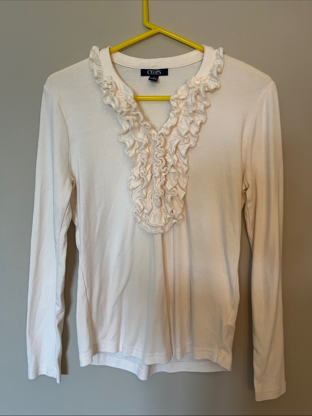 Chaps Cream Ruffle V-Neck Long Sleeve Top
